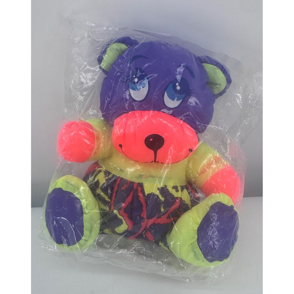 Oriental Trading Co Plush Teddy Bear 8" Purple Orange Neon Nylon Parachute New‎